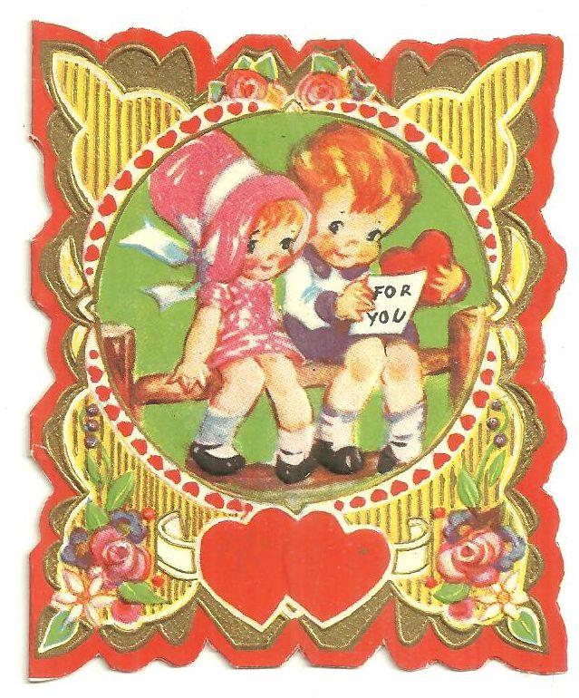 Valentine - Vintage Valentine Card with Girl and Boy Sitting on Fence