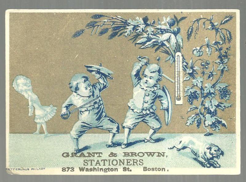 Advertisement - Victorian Trade Card for Grant and Brown Stationers, Boston, Massachusetts with Sword Fight