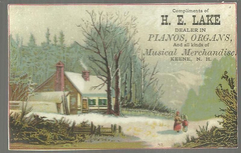 Advertisement - Victorian Trade Card for H.E. Lake Pianos, Organs with Winter Scene