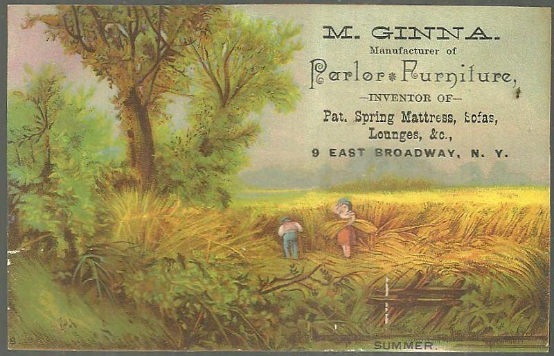 Advertisement - Victorian Trade Card for M. Ginna Parlor Furniture with Summer Scene