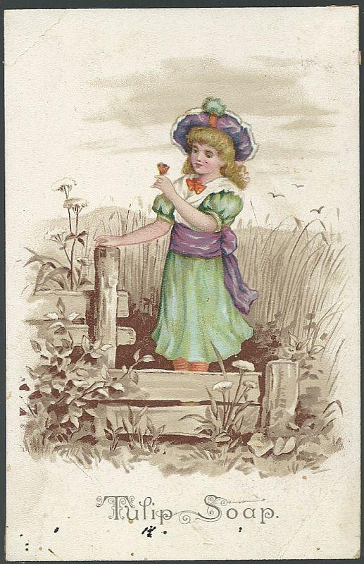 Advertisement - Victorian Trade Card for Tulip Soap with Lovely Girl in Flower Field with Fence