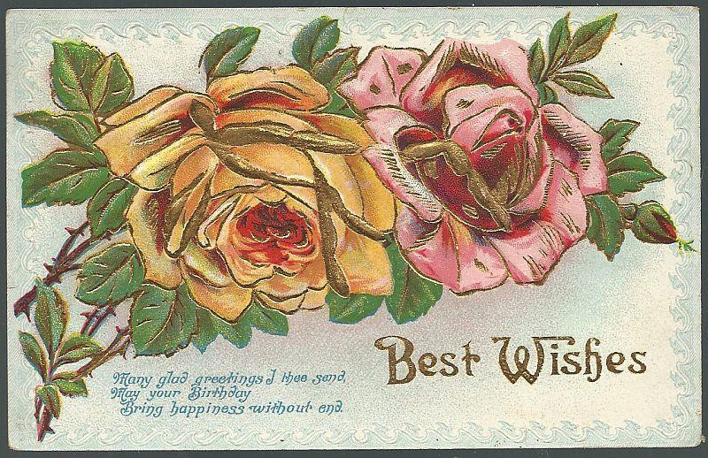 Image for BEST WISHES BIRTHDAY POSTCARD WITH ROSES OUTLINED IN GOLD