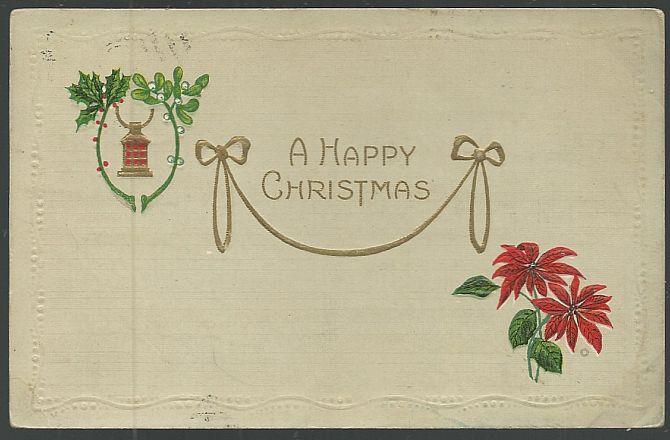 Postcard - Happy Christmas Postcard with Poinsettias and Lantern