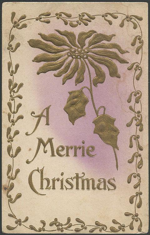 Postcard - Merrie Christmas Postcard with Gold Flower