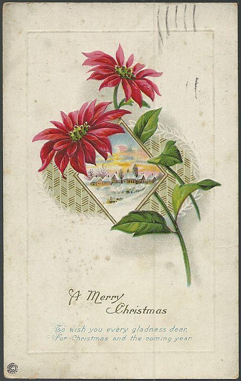 Postcard - Merry Christmas Postcard with Poinsettias and Snowy Landscape