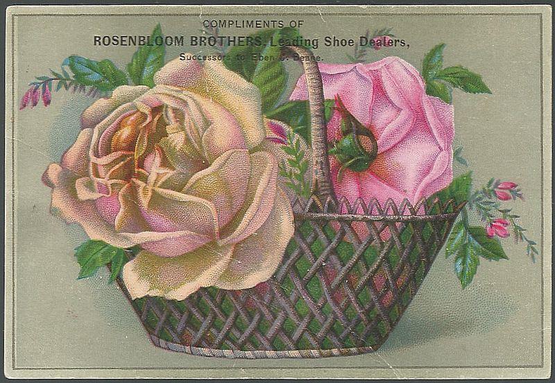 Advertisement - Victorian Trade Card for S. Rosenbloom and Sons Shoes with Basket of Roses