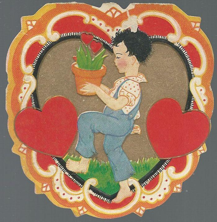 Valentine - Vintage Valentine with Boy Carrying Potted Plant