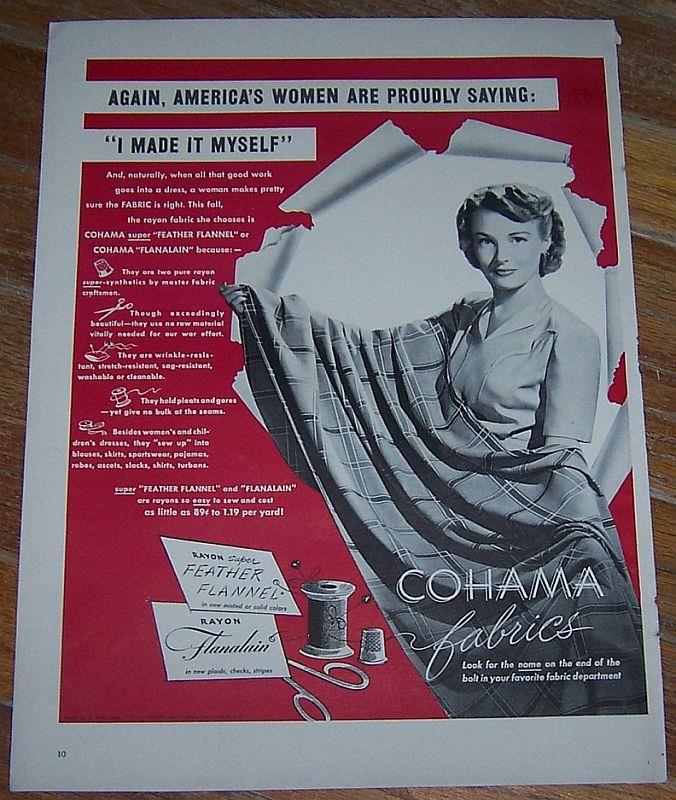 Image for 1942 COHAMA FABRICS WORLD WAR II LIFE MAGAZINE ADVERTISMENT