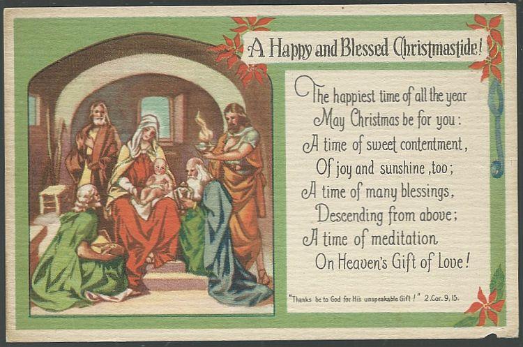 Postcard - Religious Blessed Christmastide Postcard with Mary, Joseph, Baby Jesus and Three Wise Men
