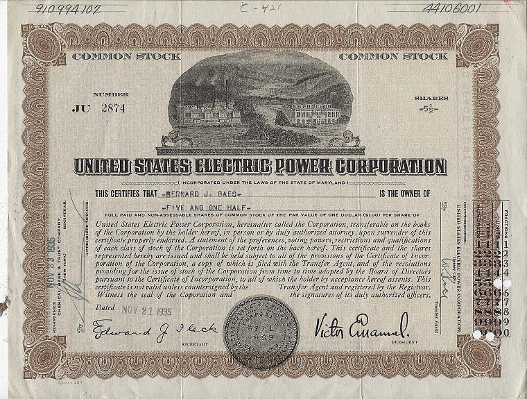 Image for UNITED STATES ELECTRIC POWER CORPORATION STOCK CERTIFICATE