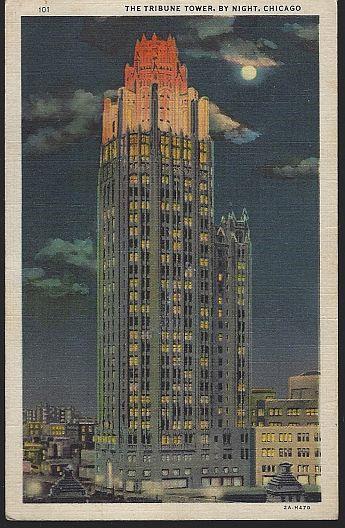 Postcard - Tribune Tower By Night, Chicago, Illinois