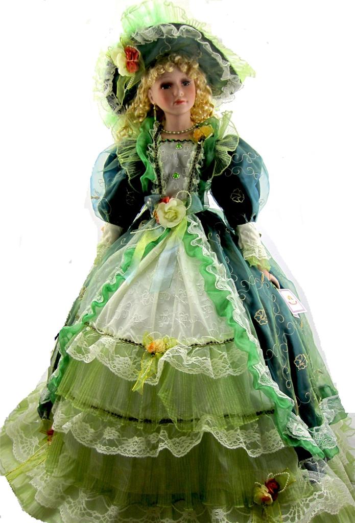 PORCELAIN UMBRELLA DOLL 38" TALL VICTORIAN STYLE GREEN AND GOLD DRESS