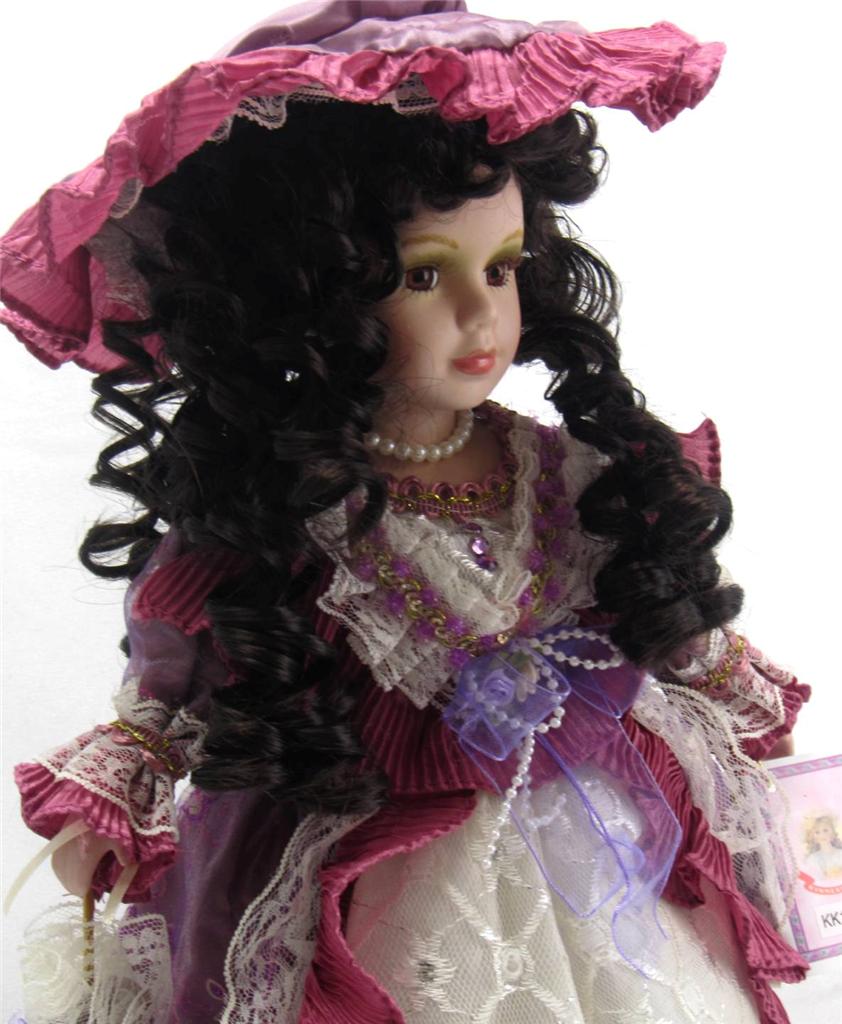 COLLECTIBLE PORCELAIN VICTORIAN DOLL BURGUNDY AND PURPLE DRESS 16"H