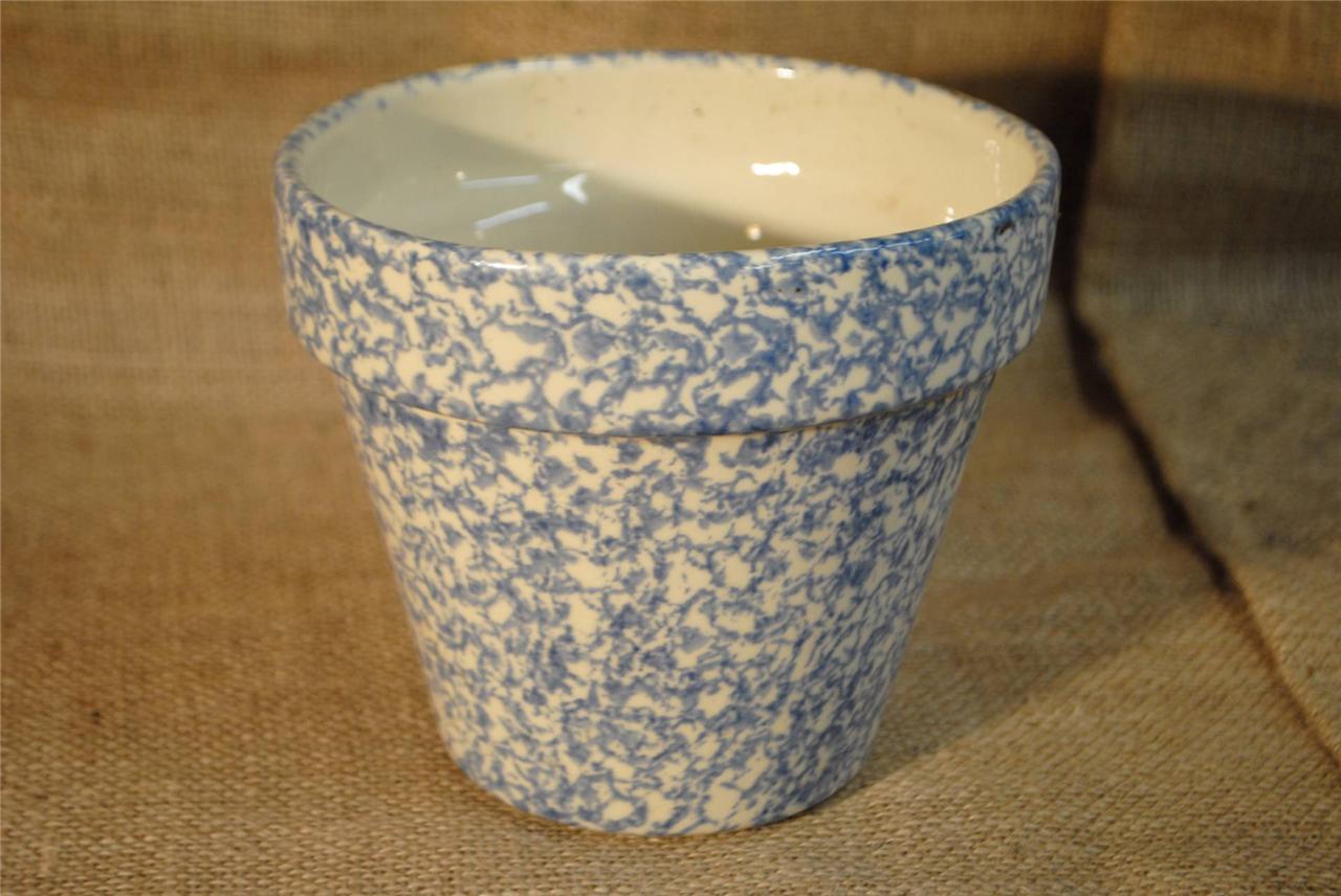 Henn Pottery Blue SPONGEWARE LARGE FLOWER POT RARE! With Hole USA MADE