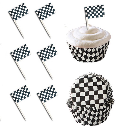 50 Racing Checkered Flag Cupcake Picks &amp; 50 Baking Cupcake Cups Set | eBay