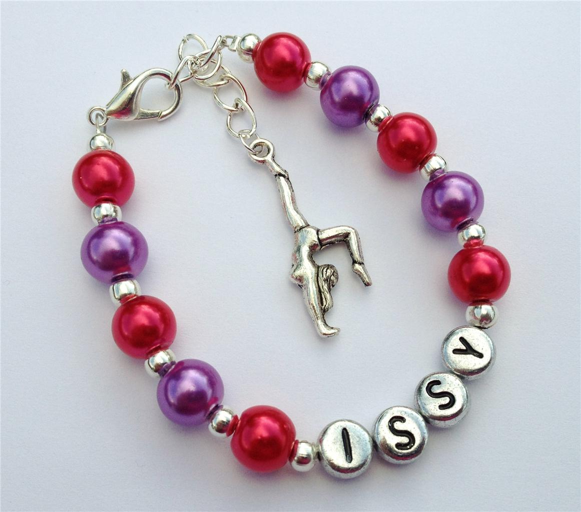 Girls personalised gymnast gymnastics charm bracelet any name, colour