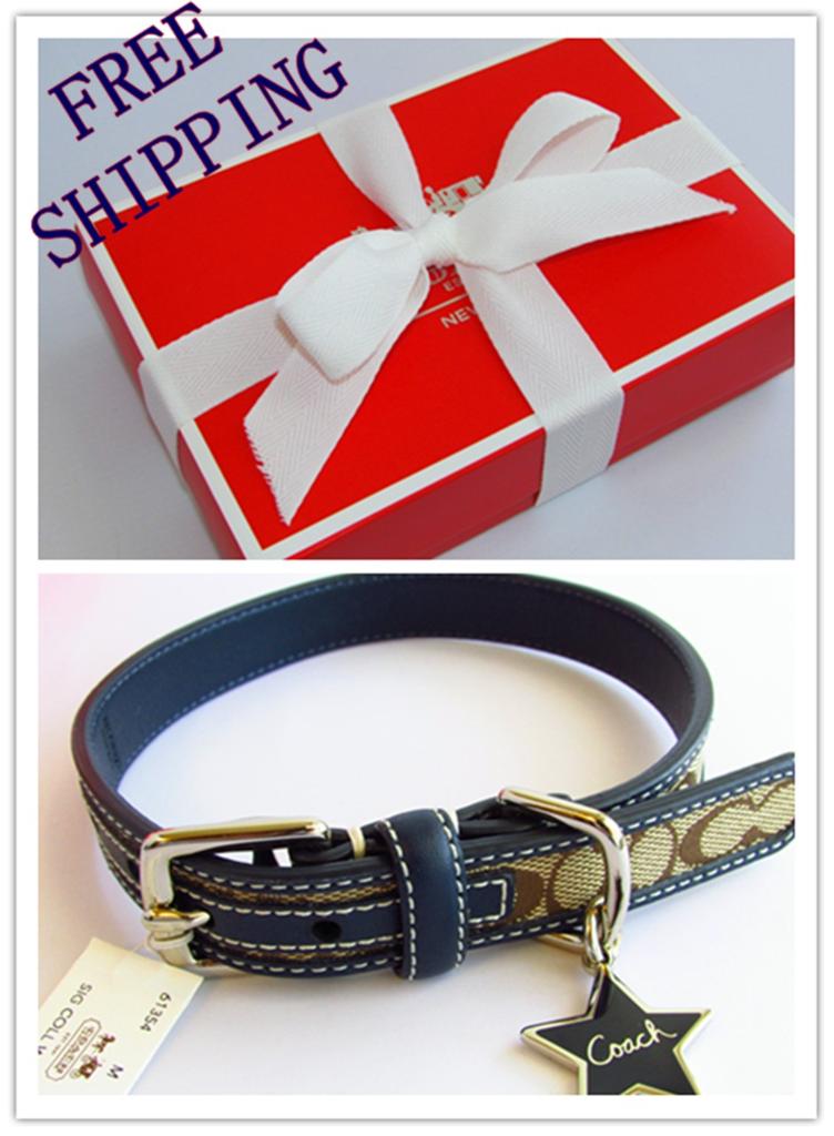 NEW-Coach-Khaki-Navy-Signature-Leather-Dog-Collar-Star-Charm-Size-M-L