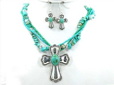 Turquoise Cross Necklace on Chunky Western Turquoise Cross Layered Necklace Set   Ebay