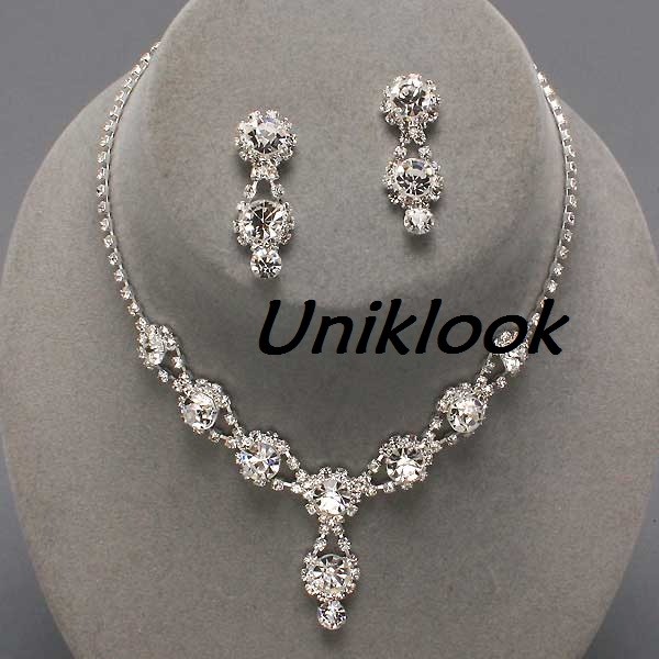 Bridesmaid Formal Bridal Clear Crystal Elegant Costume Jewelry Necklace Sets