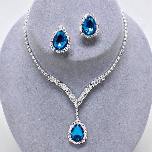 Elegant Bridal Prom Formal Teal Blue Clear Teardrop Necklace Clip ON Earrings