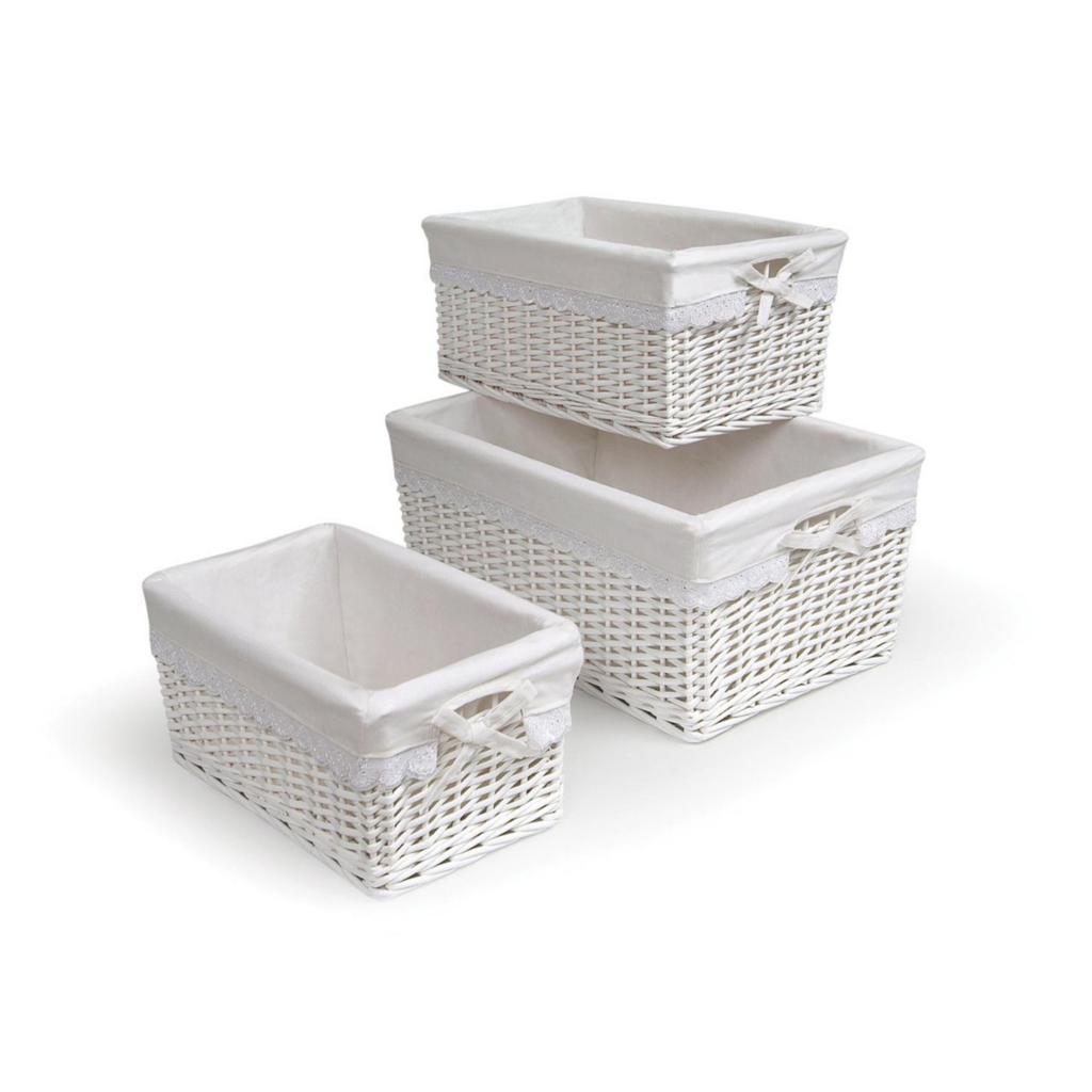 Set of 3 Storage Wicker Rattan Baskets w/ Liners White, Pink or Blue 2
