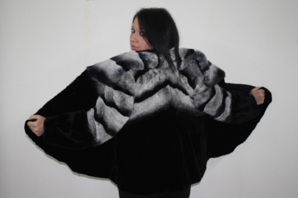 black mink fur and gray chinchilla fur jacket rear view