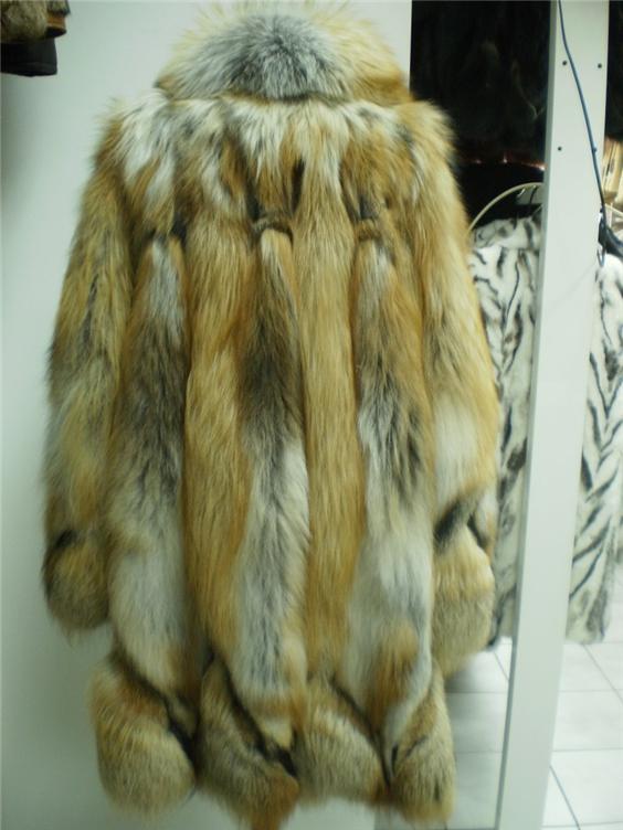 red fox fur coat in our fur store rear view