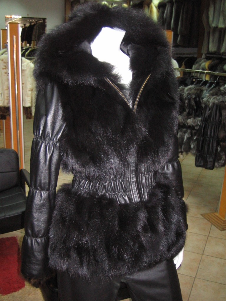 black fox fur jacket with hood , leather waist and sleeves front view