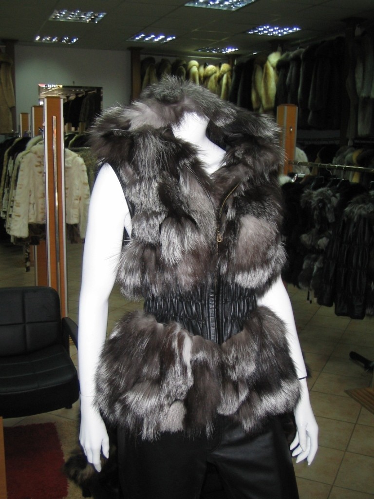 silver fox fur vest with leather waist and fur hood