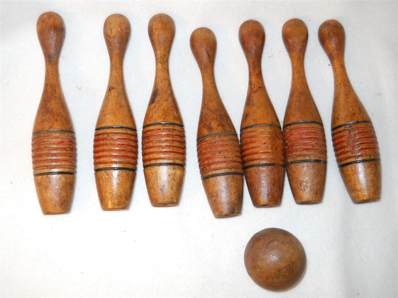 Antique Vintage Small Wooden Bowling Pins with Wooden Ball-1930s-GREAT