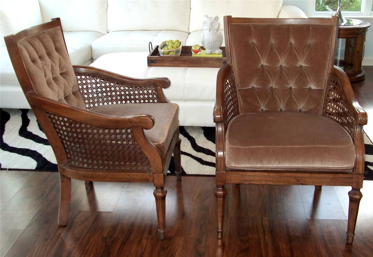 PAIR MID CENTURY VTG HOLLYWOOD REGENCY BROWN TAUPE VELVET TUFTED CANE