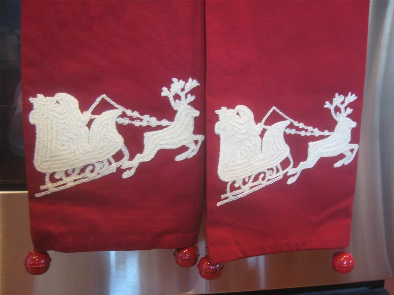 S/2 POTTERY BARN SLEIGH BELL CREWEL EMBROIDERED KITCHEN TOWELSNEW