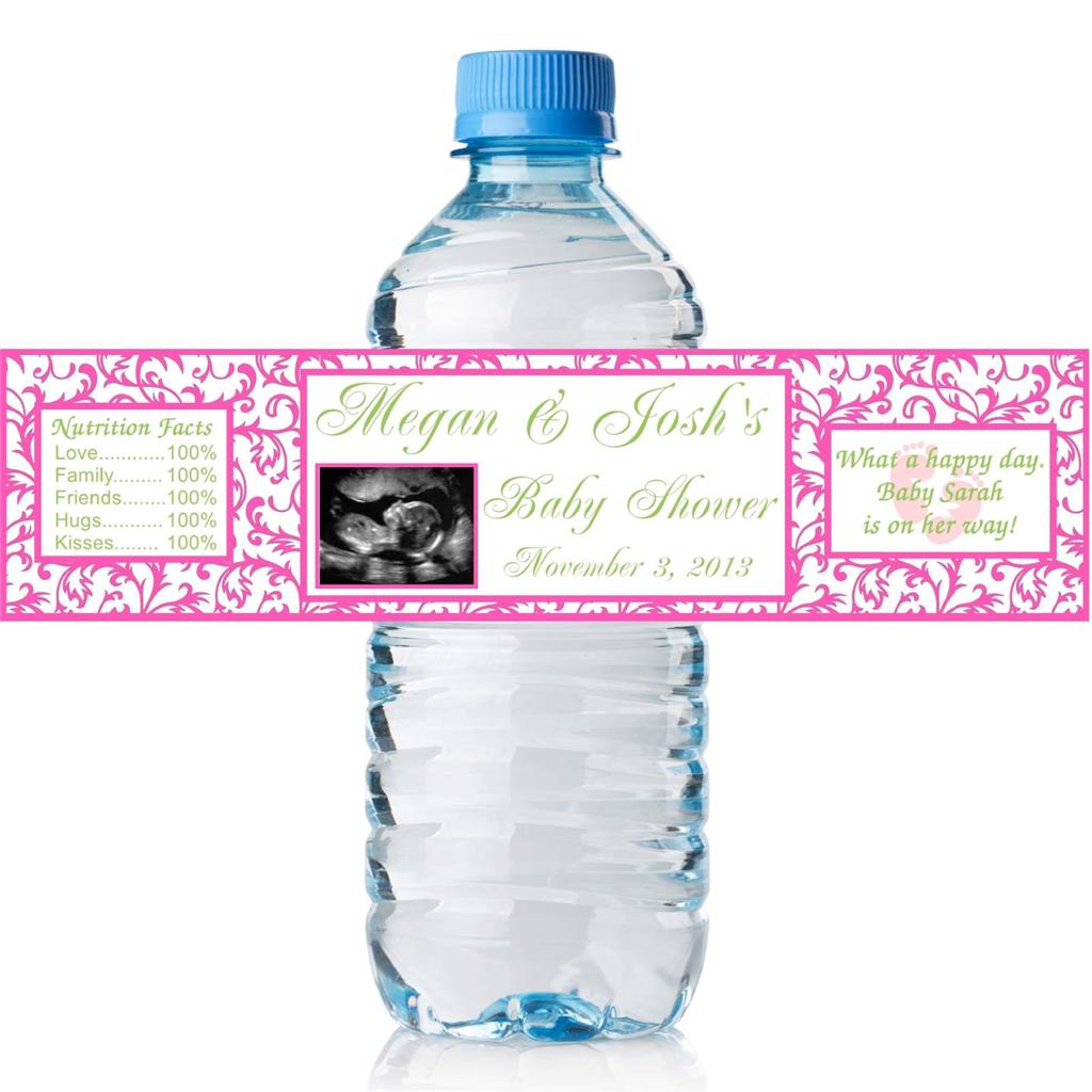 20 Personalized Baby Shower Pink Damask Water Bottle Labels With 