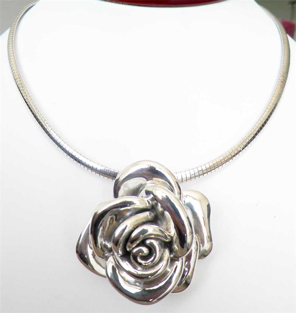 Gorgeous Large Sterling Silver Electroform 3D Rose Flower Pendant Omega Necklace | eBay