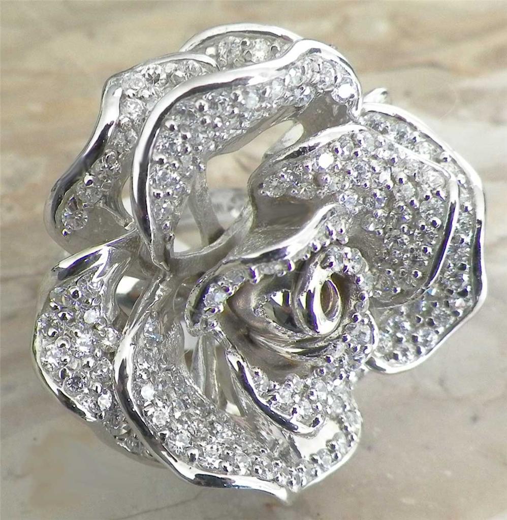 HUGE & AMAZING! 925 Sterling Silver PAVE Rose Flower Ring With Rhodium