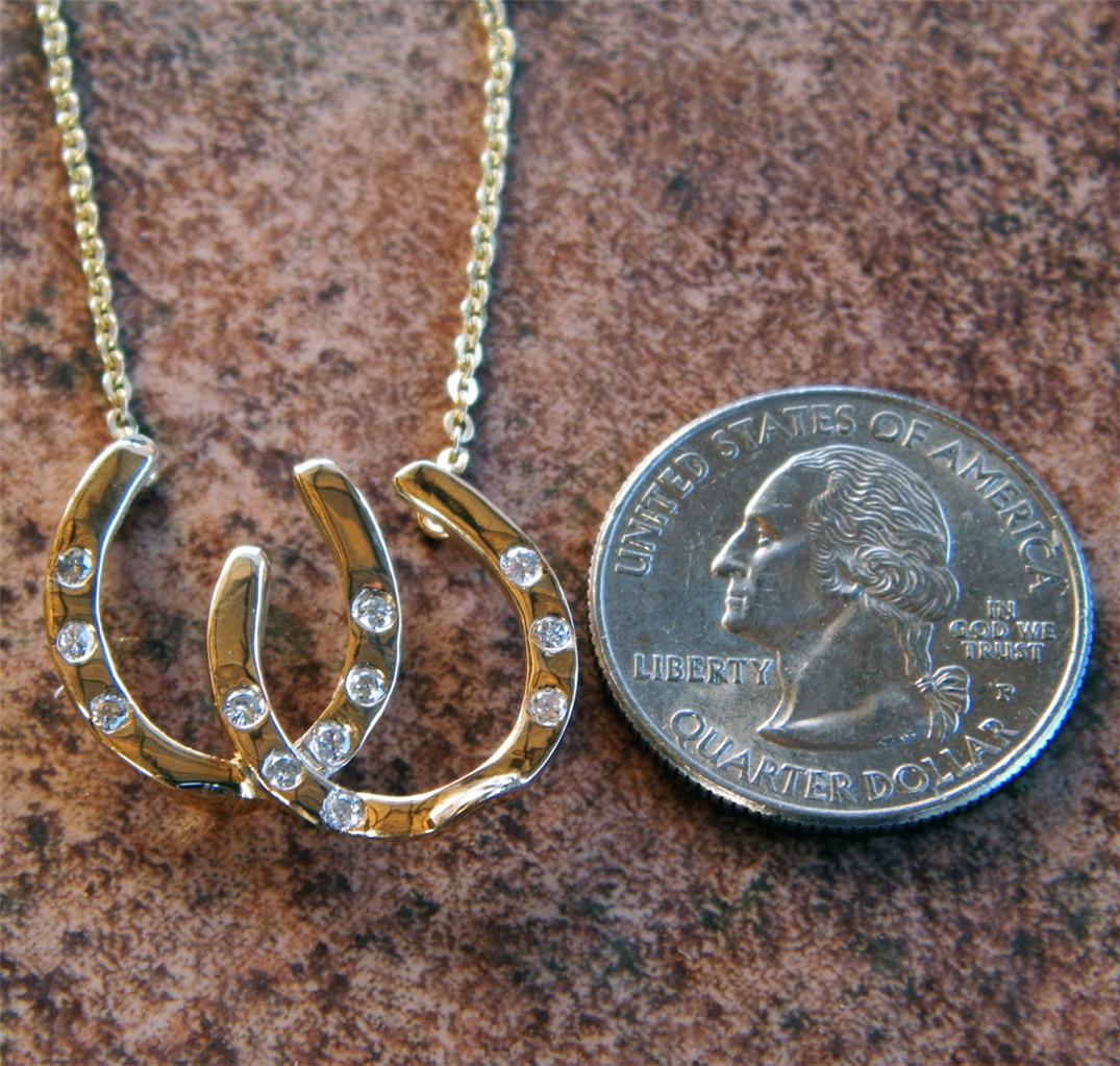 14K Gold Double Horseshoe Necklace .36ct Diamonds Classy Horse