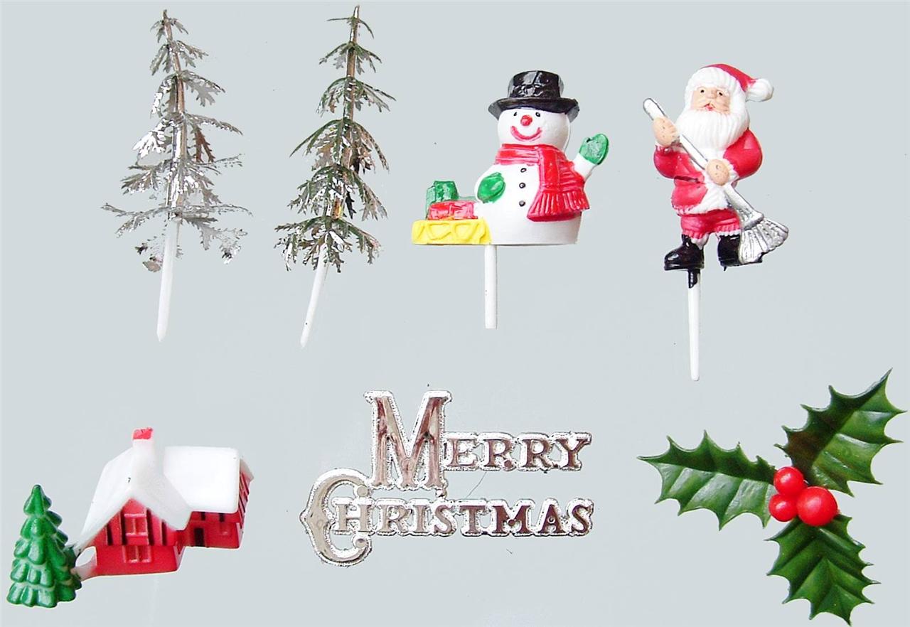 7 PLASTIC CHRISTMAS XMAS CAKE DECORATIONS SANTA SNOWMAN