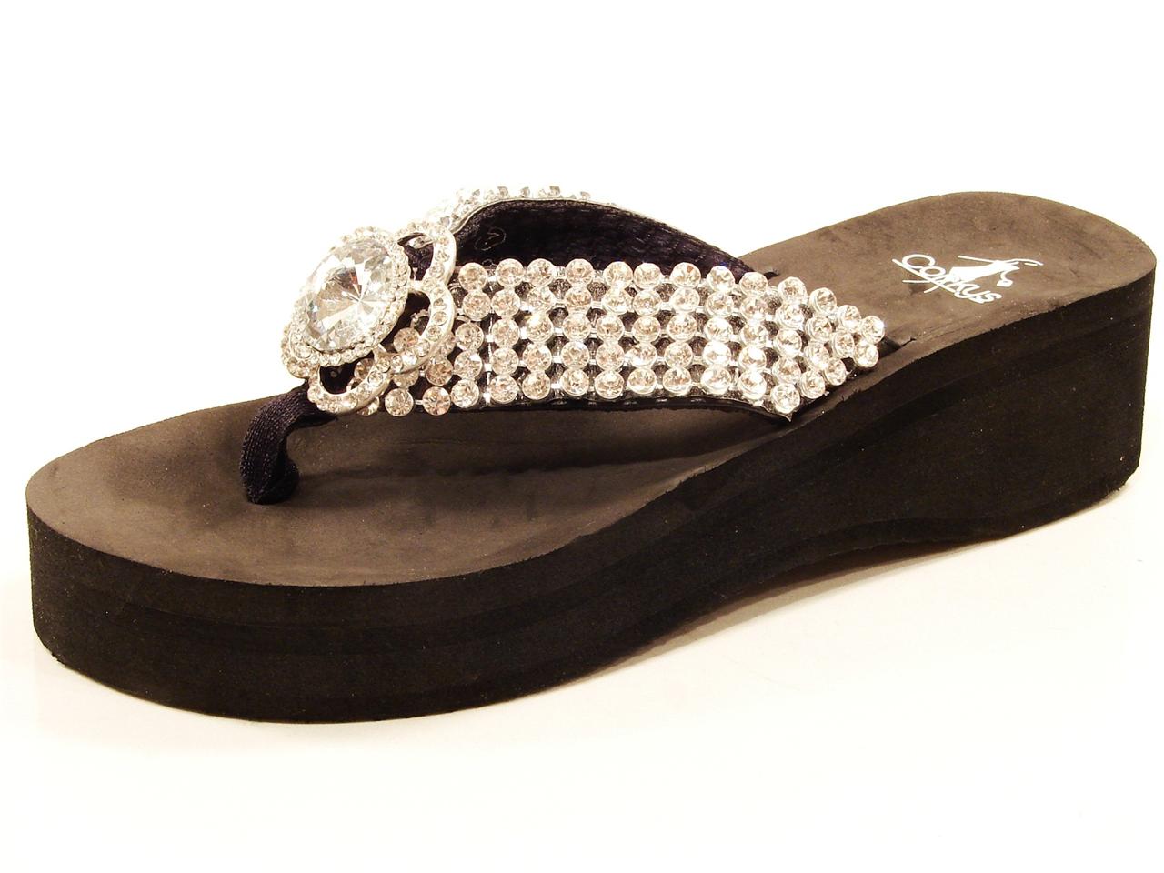 Womens Corkys Diamond Black Platform Jeweled Flip Flops Sizes 6 11 | eBay