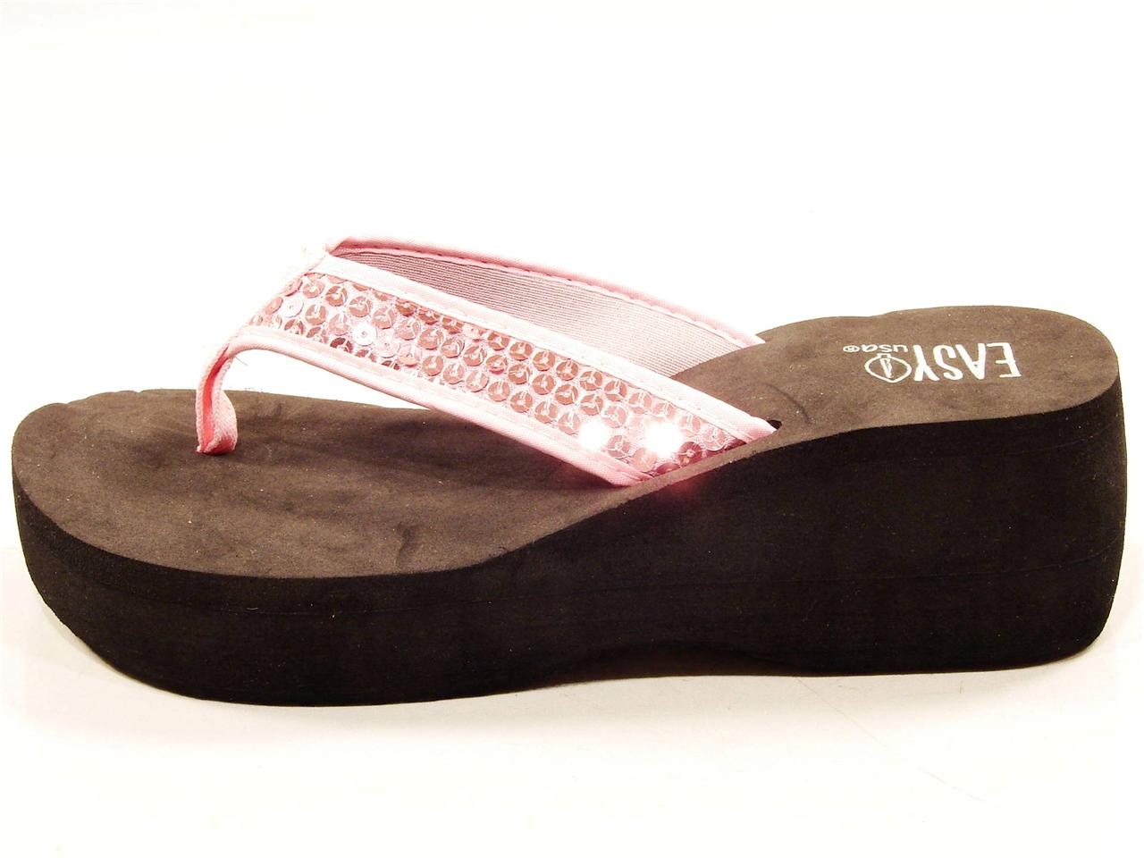 WOMENS SEQUIN STRAP WEDGE PLATFORM BLING FLIP FLOPS BLACK,BROWN,PINK