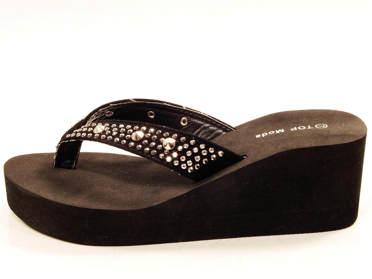 WOMENS METAL STUD CRYSTAL RHINESTONE WEDGE PLATFORM FLIP FLOPS BLACK