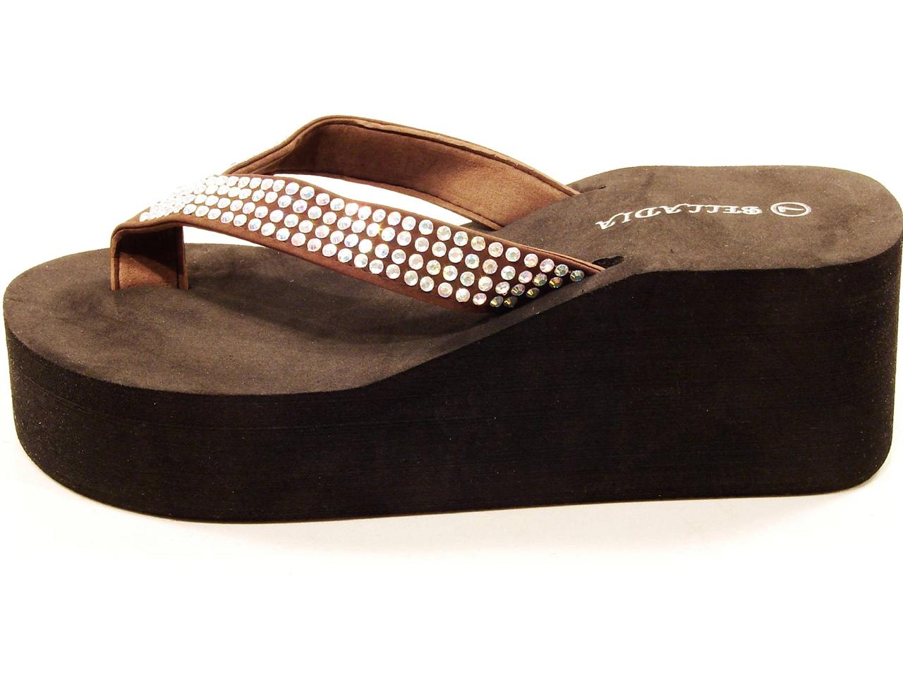 WOMENS IRRIDESCENT CRYSTAL WEDGE PLATFORM BLING FLIP FLOPS BLACK, BROWN