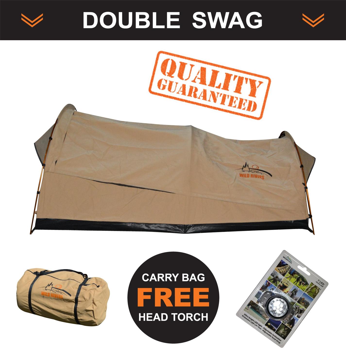 New Oz Wild Rivers Double Swag Camping Swags Tent + Canvas Bag + Head Torch