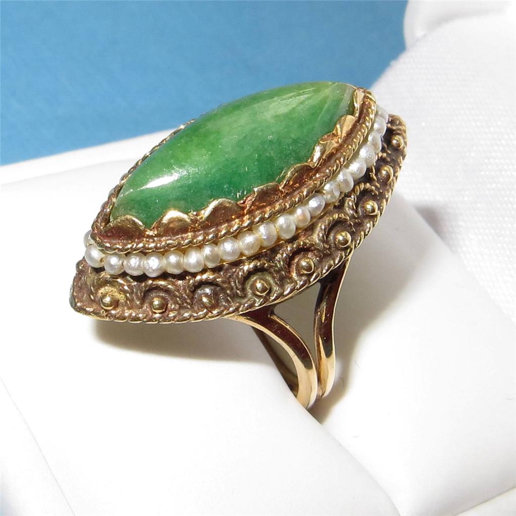 Vintage Art Nouveau Jade Ring 14k Gold Marquise Jadeite Jade Seed