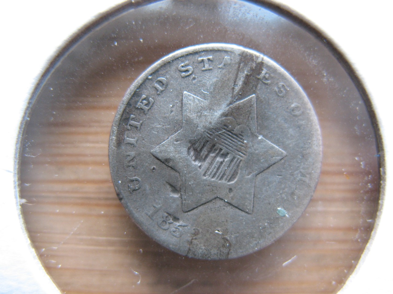 1852 3 cent  pieces, Silver, Bent , Original Coin. ps1
