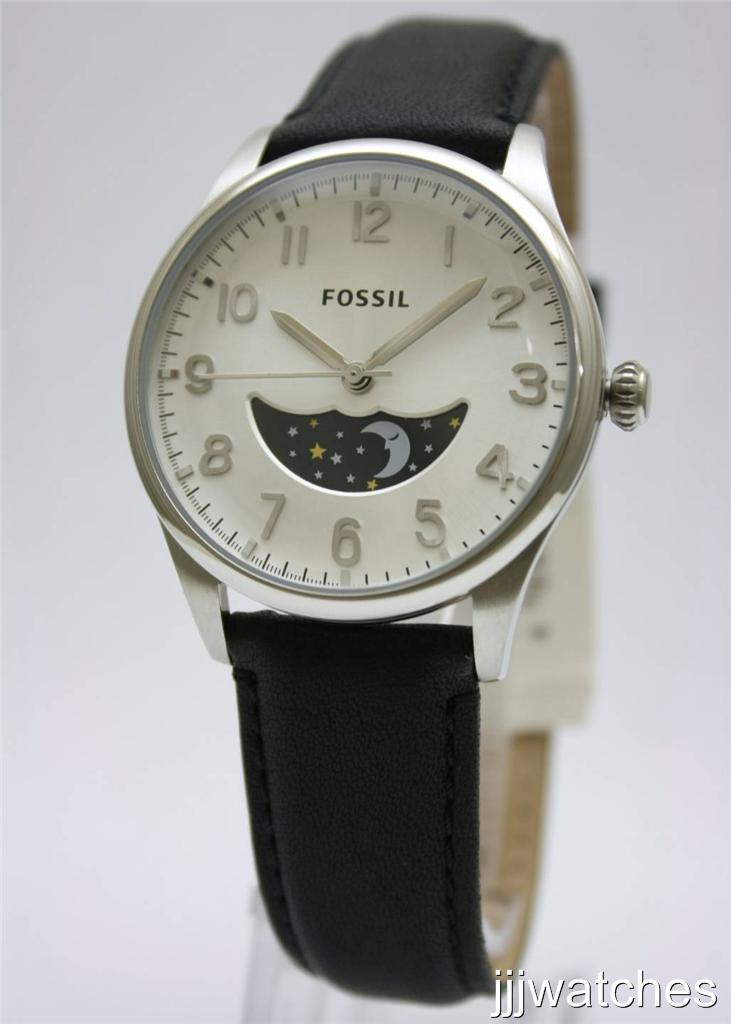 New Fossil The Agent Men Moon Phase Black Leather Dress Watch 40mm