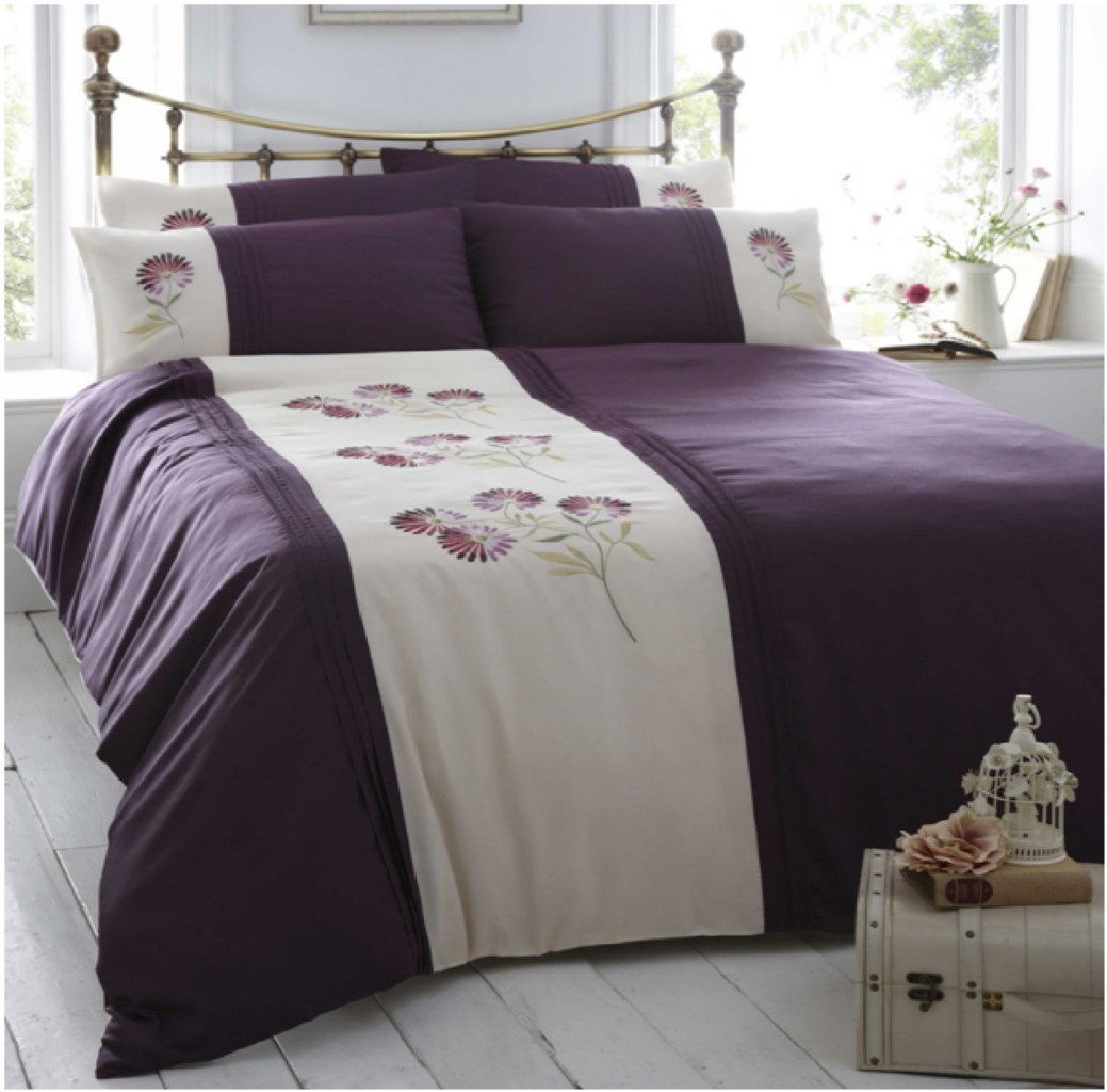 ELEANOR JAMES LEAH PLUM PURPLE CREAM FLORAL LEAF DUVET SET QUILT COVER