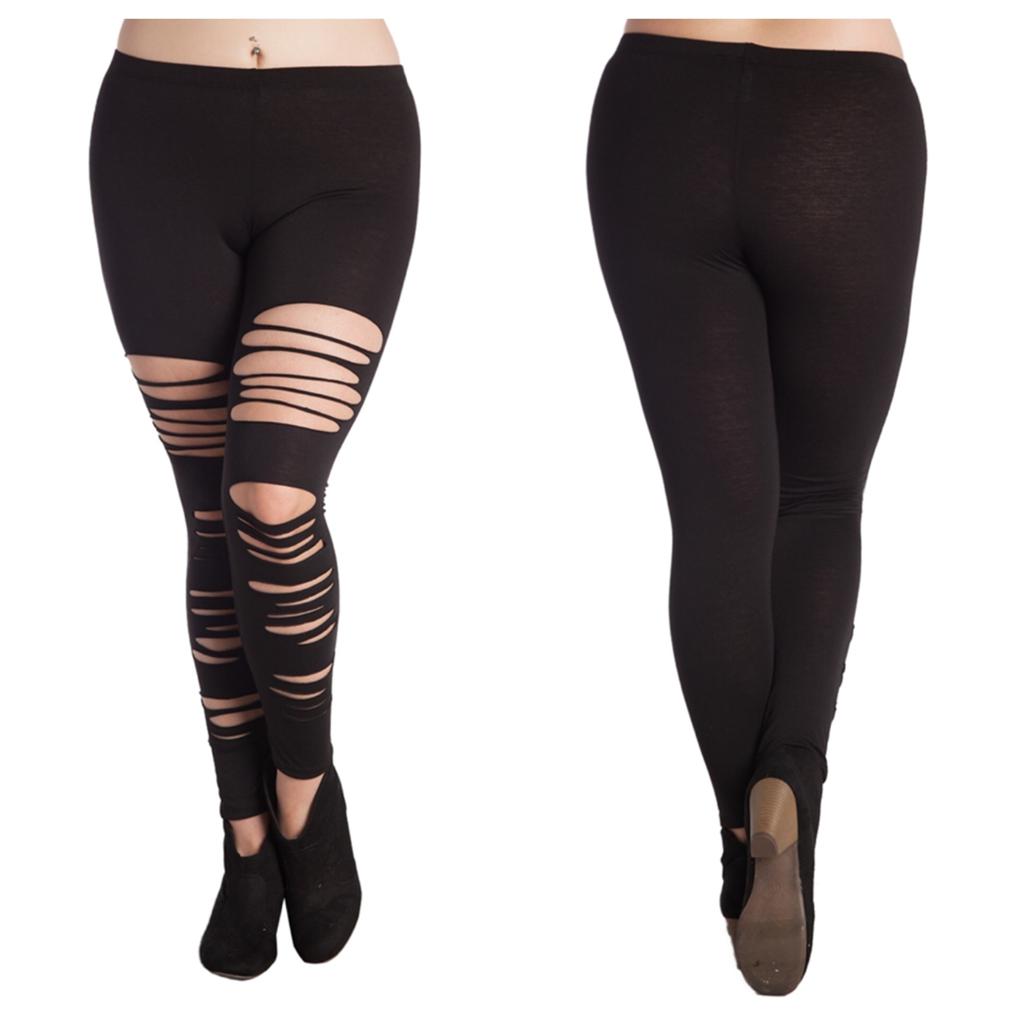 1X 2X 3X Plus Size Stretchy Gothic Shredded Tights Pants Leggings Black