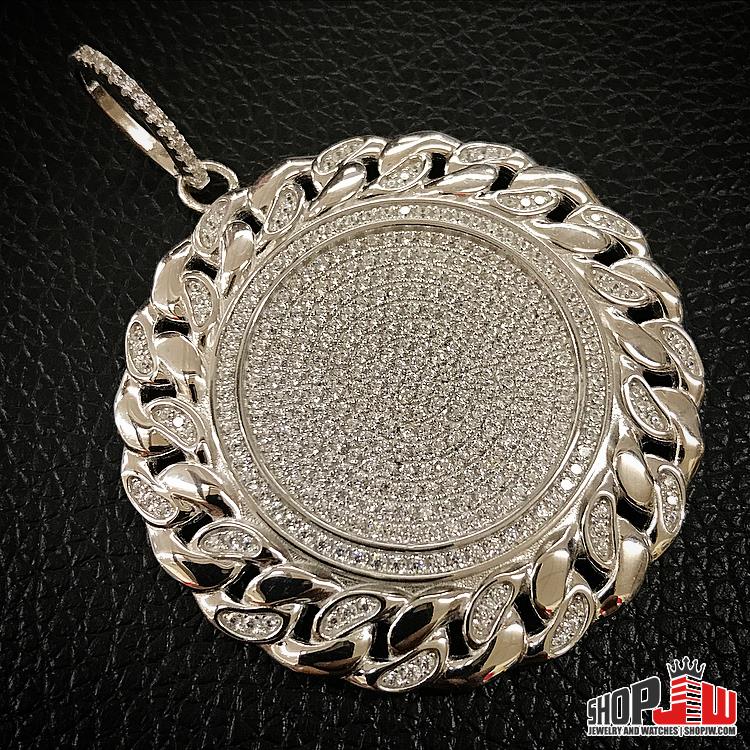 Mens 14k White Gold Finish .925 Silver Medallion Pendant Round Cuban