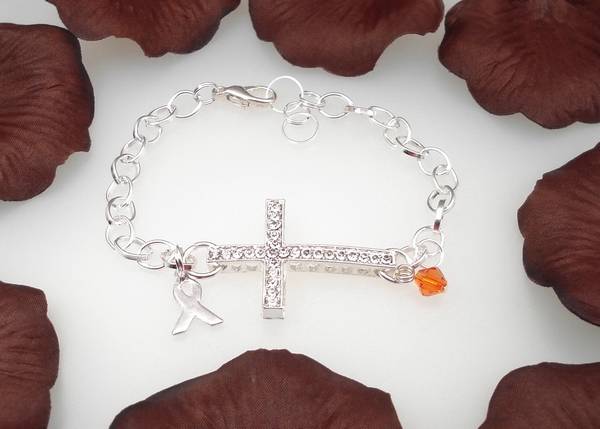 for Awareness  bracelet CROSS swarovski CHARM cross Jewelry RIBBON charm BRACELET SILVER ORANGE SWAROVSKI
