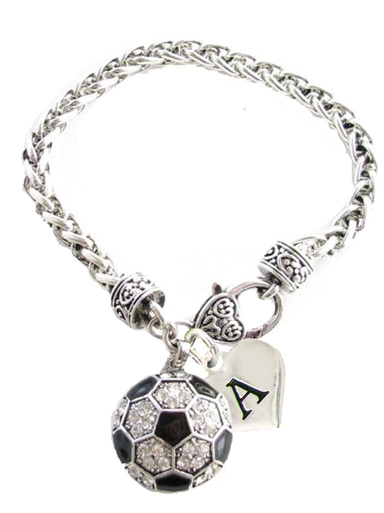 Custom Crystal Soccer Ball Silver Bracelet Jewelry Choose Your Initial